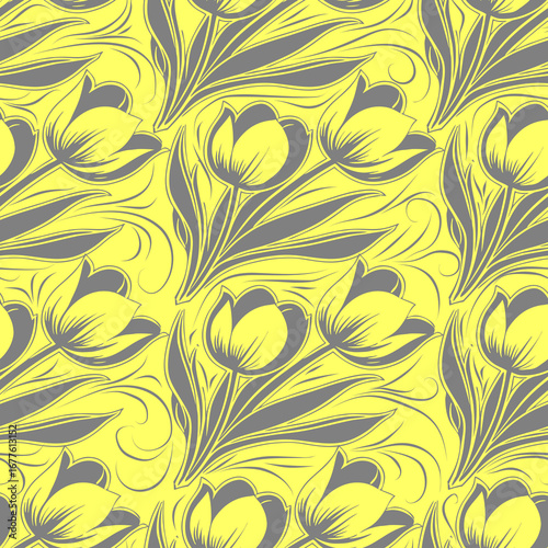 Wallpaper Mural simple seamless gray and yellow tulip flowers pattern, background, texture Torontodigital.ca