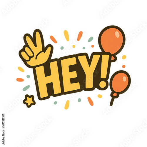 Fun hey greeting with peace sign and balloons isolated on transparent background