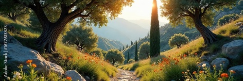 Ancient Greek forest scene, sun-dappled light filtering through olive trees and cypress, rocky terrain, wild herbs and flowers  Evokes mythology and serenity ,  untouched,  idyllic,  peace