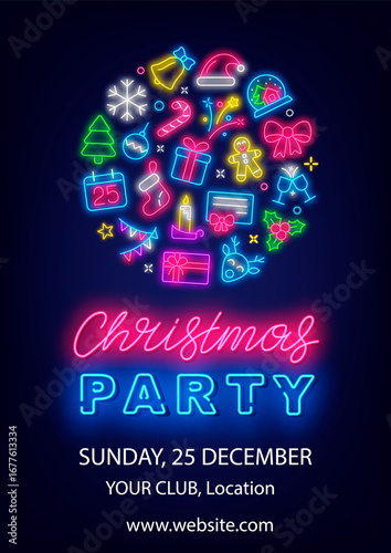 Christmas party neon flyer. Vertical poster template. Season event. Holiday banner. Vector stock illustration