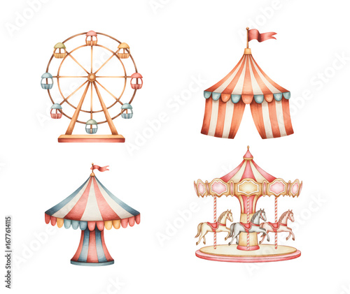 Magical circus carnival with ferris wheel and carousel rides. Cute watercolor fairground set with carousel horses and circus tents.
