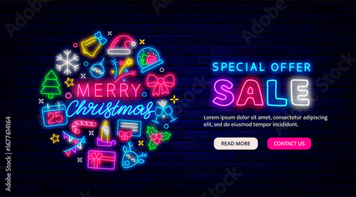 Merry Christmas season sale neon flyer. Website landing page template. Circle layout. Vector stock illustration