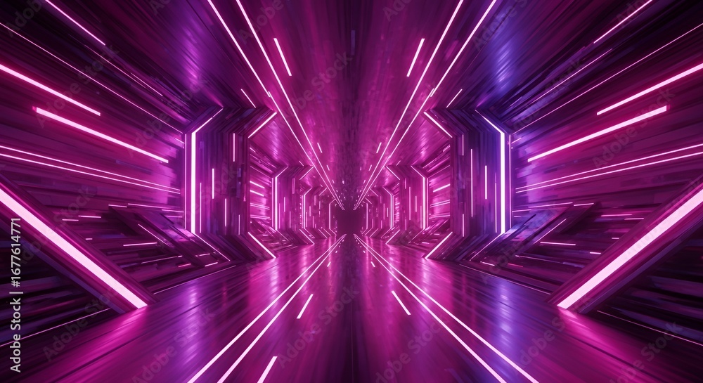 Fototapeta premium Abstract futuristic neon tunnel with glowing pink and purple light streaks. Immersive sci-fi wallpaper design with speed motion perspective and vibrant luminous energy flow.