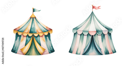 Playful carnival tents illustration for kids. Fantasy big top circus tents in soft pastel colors.
