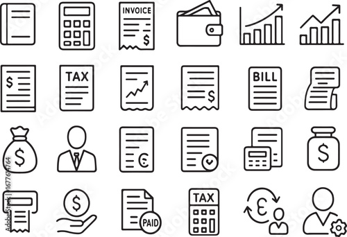 Collection of hand drawn business and finance icons representing money accounting taxes and growth charts for financial concepts