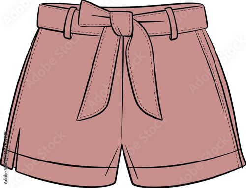 High waist tie belt women’s shorts, front view, fashion template, summer apparel, cad drawing flat vector illustration