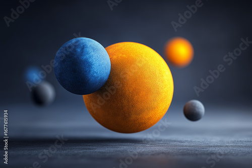 contrasting orange and electric blue spheres orbiting smooth central core in dark gray space, visual metaphor for balance and modern energy flow