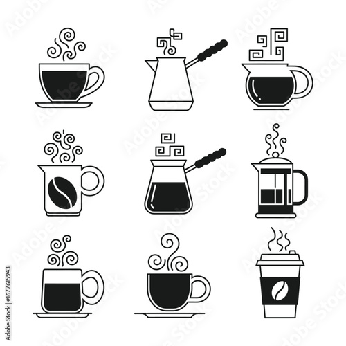Nine Monochrome Coffee Icons: Cups, Pots, and To-Go Cups