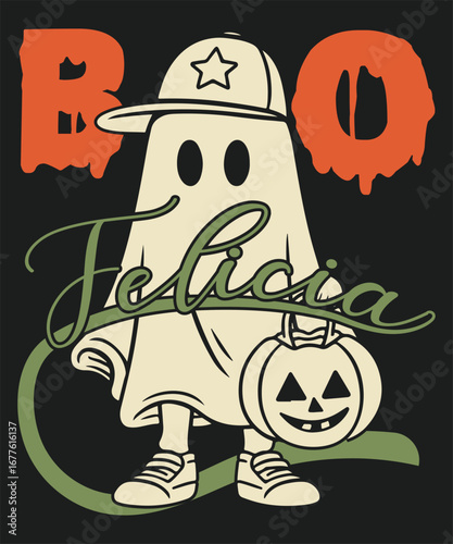 Cute ghost wearing baseball cap and holding pumpkin trick or treat