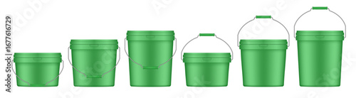 Green plastic buckets with metal handle and lid. Vector mockup of a food or building mixtures packaging. A bucket of paint or putty. Small, medium and large sizes