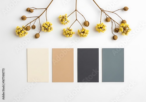 Dried yellow flowers and color swatches isolated on white background