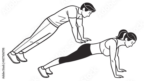 Two people doing push ups in black and white line art illustration of fitness and exercise routine at home created with generated ai