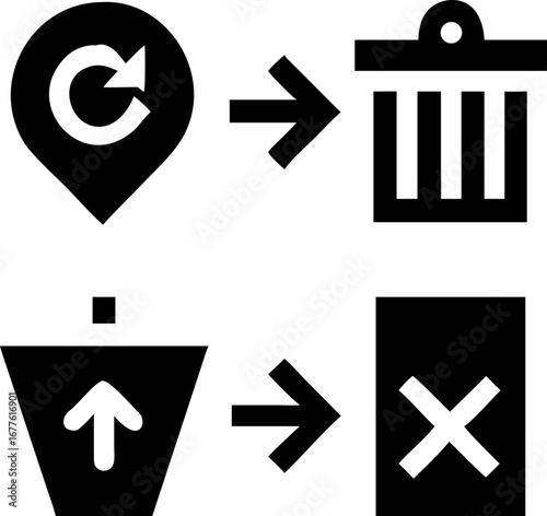 Clear workflow icons representing data management and deletion processes with arrows indicating progression.