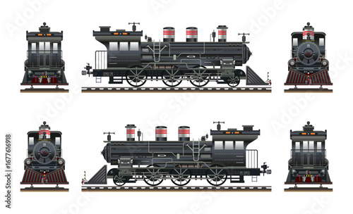 Steam locomotive carriage commuter vintage train realistic model highly detailed flat vector set illustration