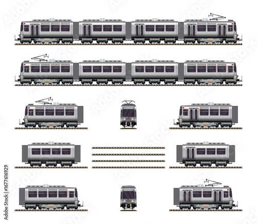 Passenger train commuter railway tram realistic model highly detailed flat vector set illustration