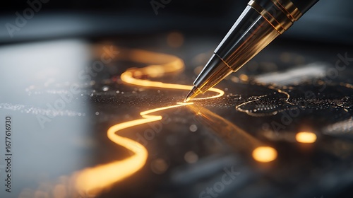 Pen traces glowing circuit. Use for technology, finance, or design.
