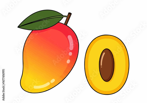 Vibrant tropical mango fruit illustration showcasing a whole fruit and a juicy cross-section with a seed, perfect for healthy eating designs