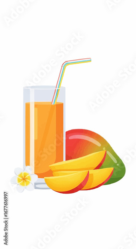 Vibrant tropical mango juice with fresh fruit slices and a whole mango, a refreshing and healthy summer drink