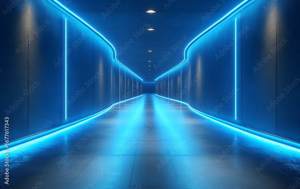 Fototapeta premium Futuristic, neon-lit corridor with curved walls and glowing blue lines, creating a modern and stylish atmosphere