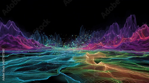 A vibrant, multicolored digital landscape, composed of interconnected lines and glowing points, creates a mesmerizing visual representation of data.
