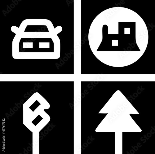 Modern graphic icons representing car, factory, abstract shape, and tree for diverse design needs.