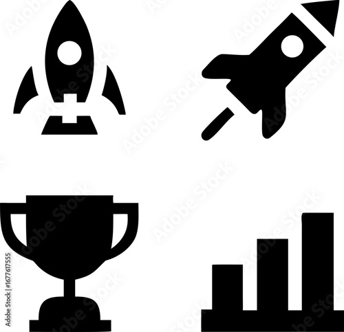 Launch success trophy and growth chart icons symbolizing business achievement and forward momentum