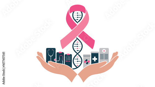 Hands holding medical icons with pink ribbon and dna strand for breast cancer awareness support design