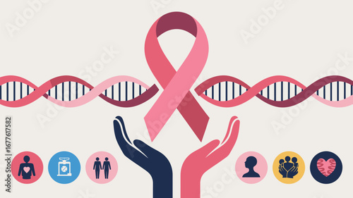 Illustration of pink ribbon with dna strands and supporting hands for breast cancer awareness theme