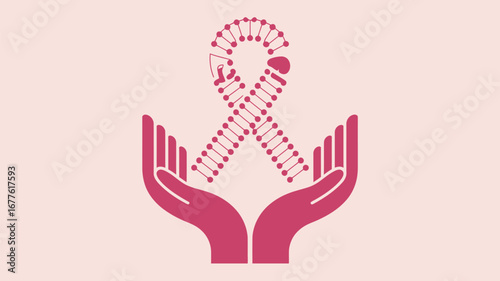 Illustration of pink hands holding a pink dna ribbon with a tumor on a light pink background