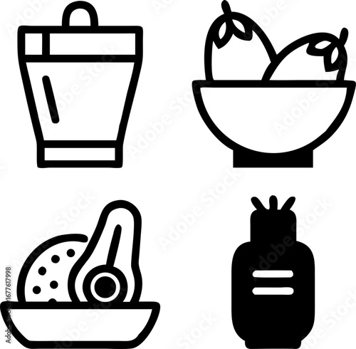 Four simple icons representing food items and a container for culinary inspiration