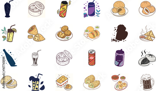 Colorful hand drawn vector illustration of traditional Indian street food and drinks set including samosa, pakora fritters, momo dumplings, pani puri, spicy chaat, refreshing soda can, ginger ale, jui