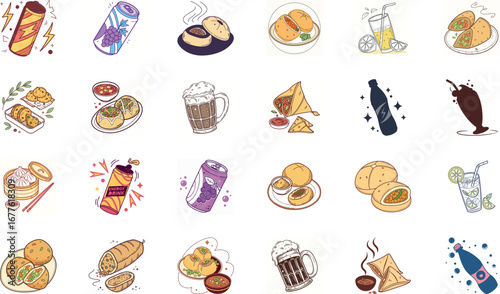 Colorful hand drawn vector illustration of traditional Indian street food and drinks set including samosa, pakora fritters, momo dumplings, pani puri, spicy chaat, refreshing soda can, ginger ale, jui