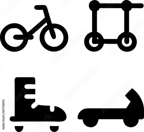 Dynamic icons represent bicycle, scooter, roller skates and kick scooter for active urban transport and recreation