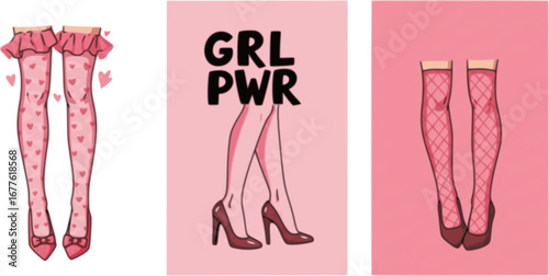 Girls power vector poster. GRL PWR is an abbreviation and women's legs in stockings and shoes, a bright stylized cartoon style illustration. Motivational feminist banner and a picture for typography