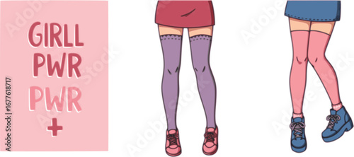 Girls power vector poster. GRL PWR is an abbreviation and women's legs in stockings and shoes, a bright stylized cartoon style illustration. Motivational feminist banner and a picture for typography