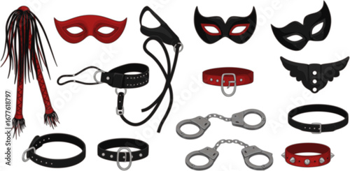 BDSM sex set for role play. Toys and accessories for adults. Masks and whips, handcuffs, gag, collar, belt. Black and red vector images in a flat style