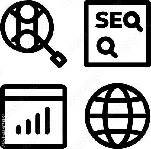 Discover digital success with these essential marketing and analytics icons for global reach and growth strategies.