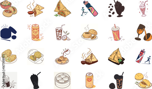 Colorful hand drawn vector illustration of traditional Indian street food and drinks set including samosa, pakora fritters, momo dumplings, pani puri, spicy chaat, refreshing soda can, ginger ale, jui