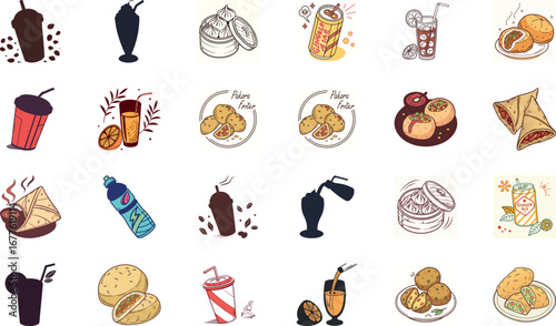 Colorful hand drawn vector illustration of traditional Indian street food and drinks set including samosa, pakora fritters, momo dumplings, pani puri, spicy chaat, refreshing soda can, ginger ale, jui