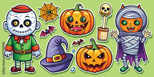 Happy Halloween day element background vector. Cute collection of spooky ghost, pumpkin, bat, candy, cat, skull, spider, grave, castle. Adorable halloween festival elements for decoration, prints.