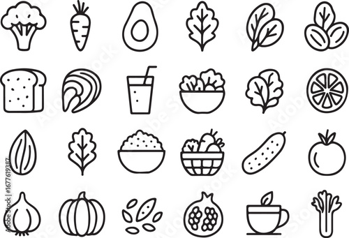 Healthy food icons collection fresh produce vegetables fruits grains proteins drinks and more simple outline graphics for lifestyle and nutrition concepts