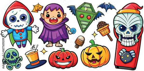Happy Halloween day element background vector. Cute collection of spooky ghost, pumpkin, bat, candy, cat, skull, spider, grave, castle. Adorable halloween festival elements for decoration, prints.