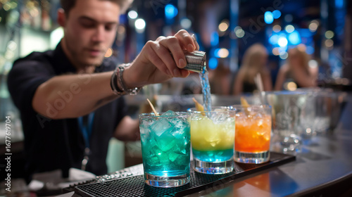 Bartender pouring glowing cocktails, blurred dance floor in the background.