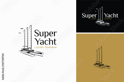 Trimaran Yacht with Three Sail Masts, A Luxury Ship Boat Cruise for Sea Ocean Sailing Adventure Travel Trip Transportation logo design