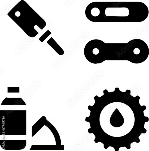 Essential bicycle maintenance tools and parts icons for bike care and repair