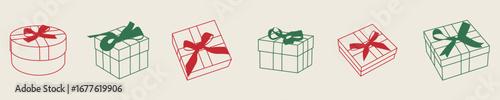 Minimalist gift line art illustration. Hand drawn present box with ribbon bow. Elegant holiday packaging doodle. Christmas and birthday gift sketch.
