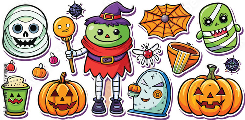 Happy Halloween day element background vector. Cute collection of spooky ghost, pumpkin, bat, candy, cat, skull, spider, grave, castle. Adorable halloween festival elements for decoration, prints.