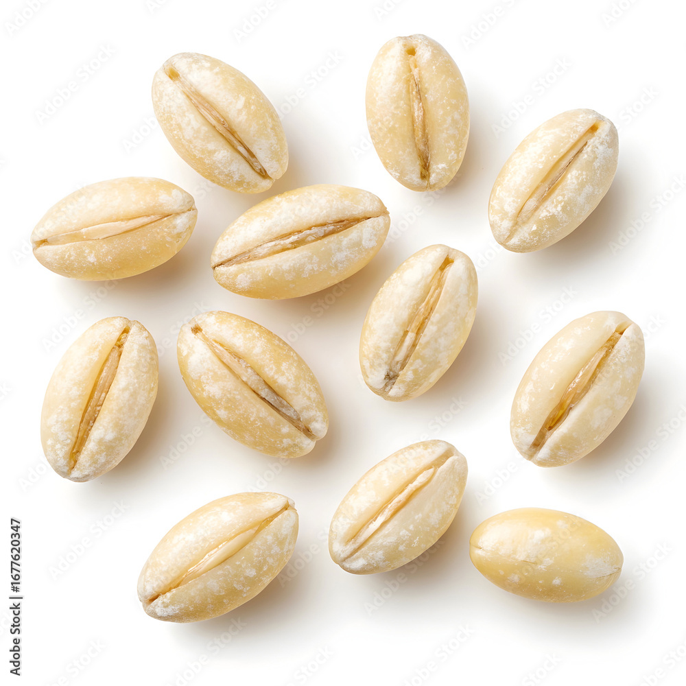 Obraz premium Close-up of pearled barley grains isolated on a white background, highlighting their smooth,