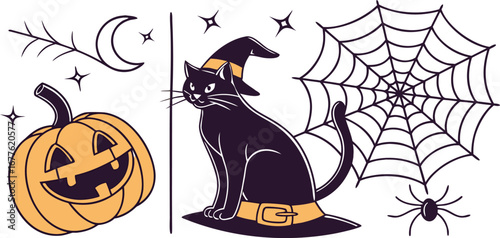 Happy Halloween day element background vector. Cute collection of spooky ghost, pumpkin, bat, candy, cat, skull, spider, grave, castle. Adorable halloween festival elements for decoration, prints.