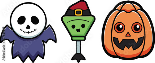 Happy Halloween day element background vector. Cute collection of spooky ghost, pumpkin, bat, candy, cat, skull, spider, grave, castle. Adorable halloween festival elements for decoration, prints.
